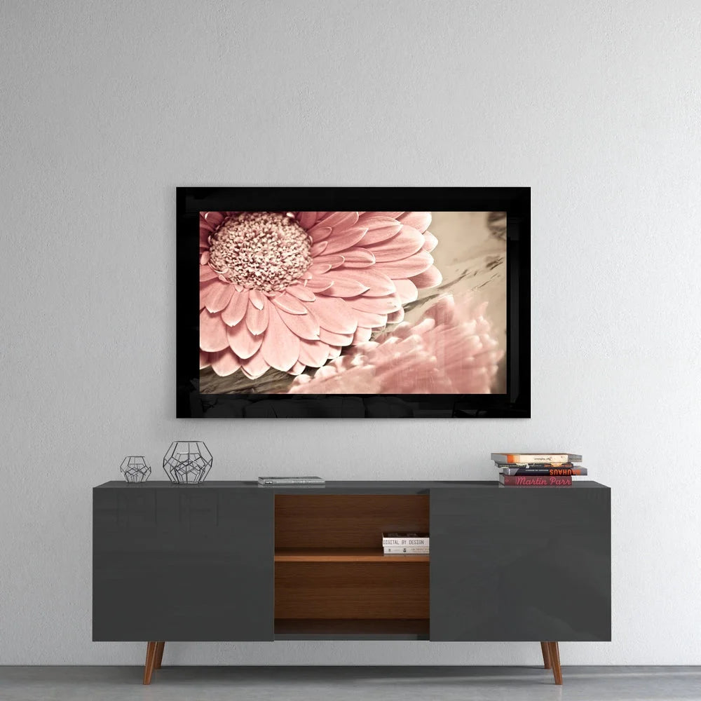 Pink gerbera daisy glass wall art in sleek black frame