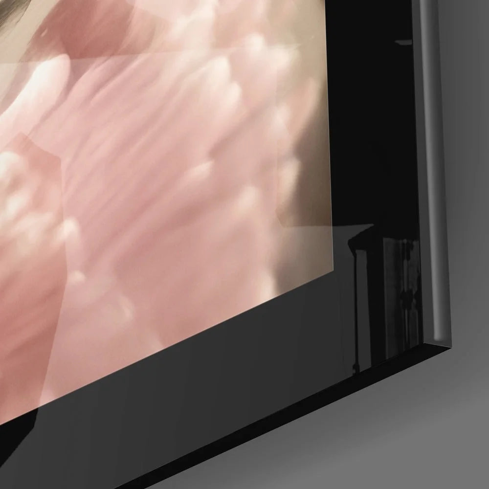 Sleek black frame glass wall art of pink gerbera daisy on modern monitor