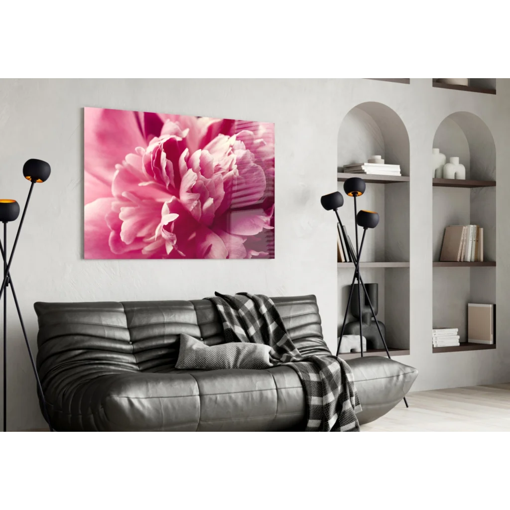 Vibrant pink peony flower canvas wall art print on white wall