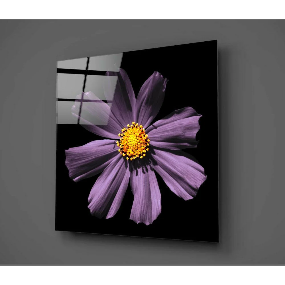 Stunning purple cosmos flower glass wall art on black panel