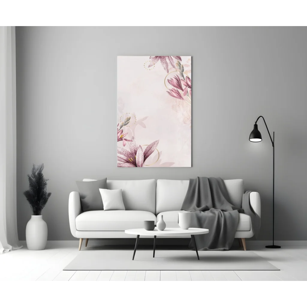 Stunning pink lily glass wall art with gold accents on gray wall