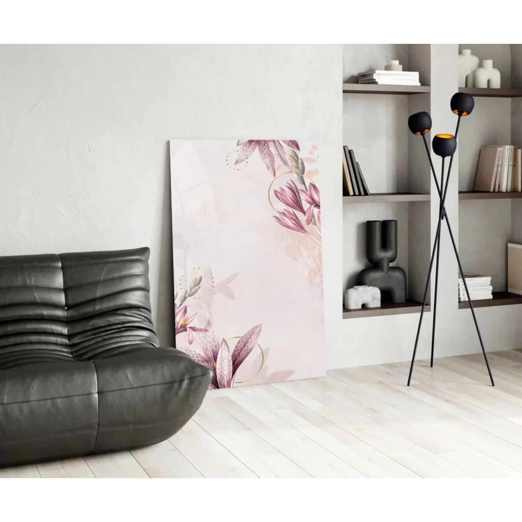 Stunning pink lily glass wall art with gold accents and floral design