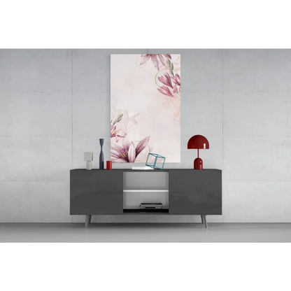 Stunning pink lily glass wall art with gold accents and floral watercolor washes