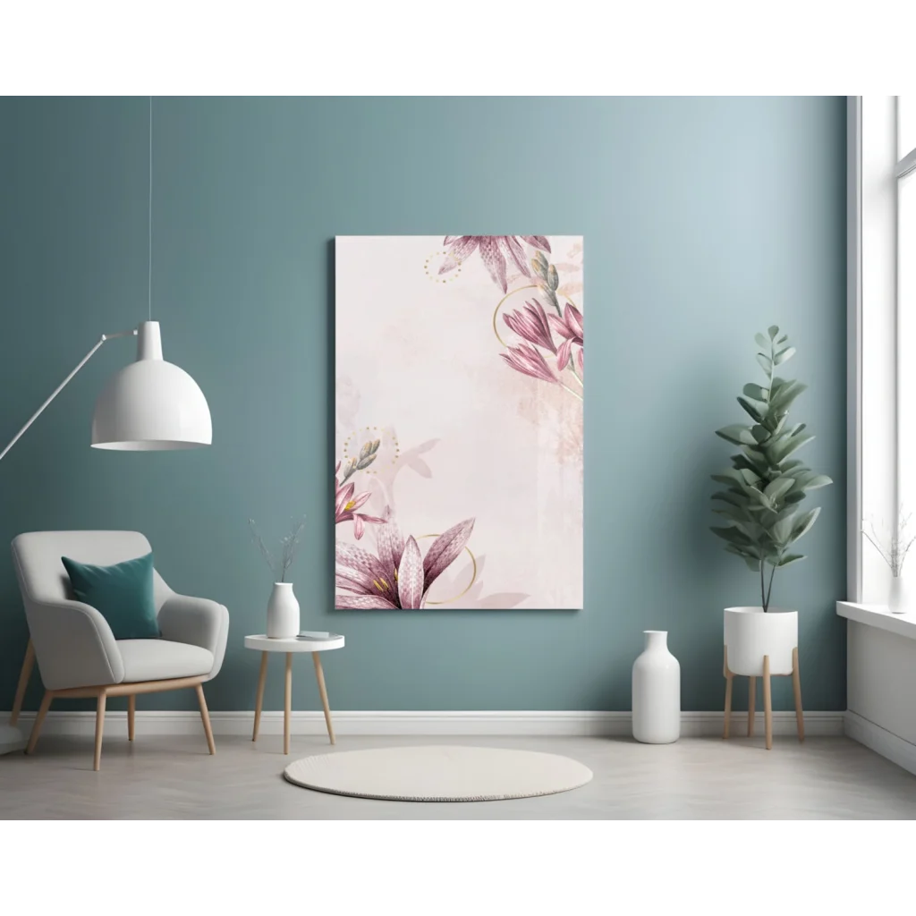 Stunning pink lily glass wall art with gold accents and floral watercolor blooms