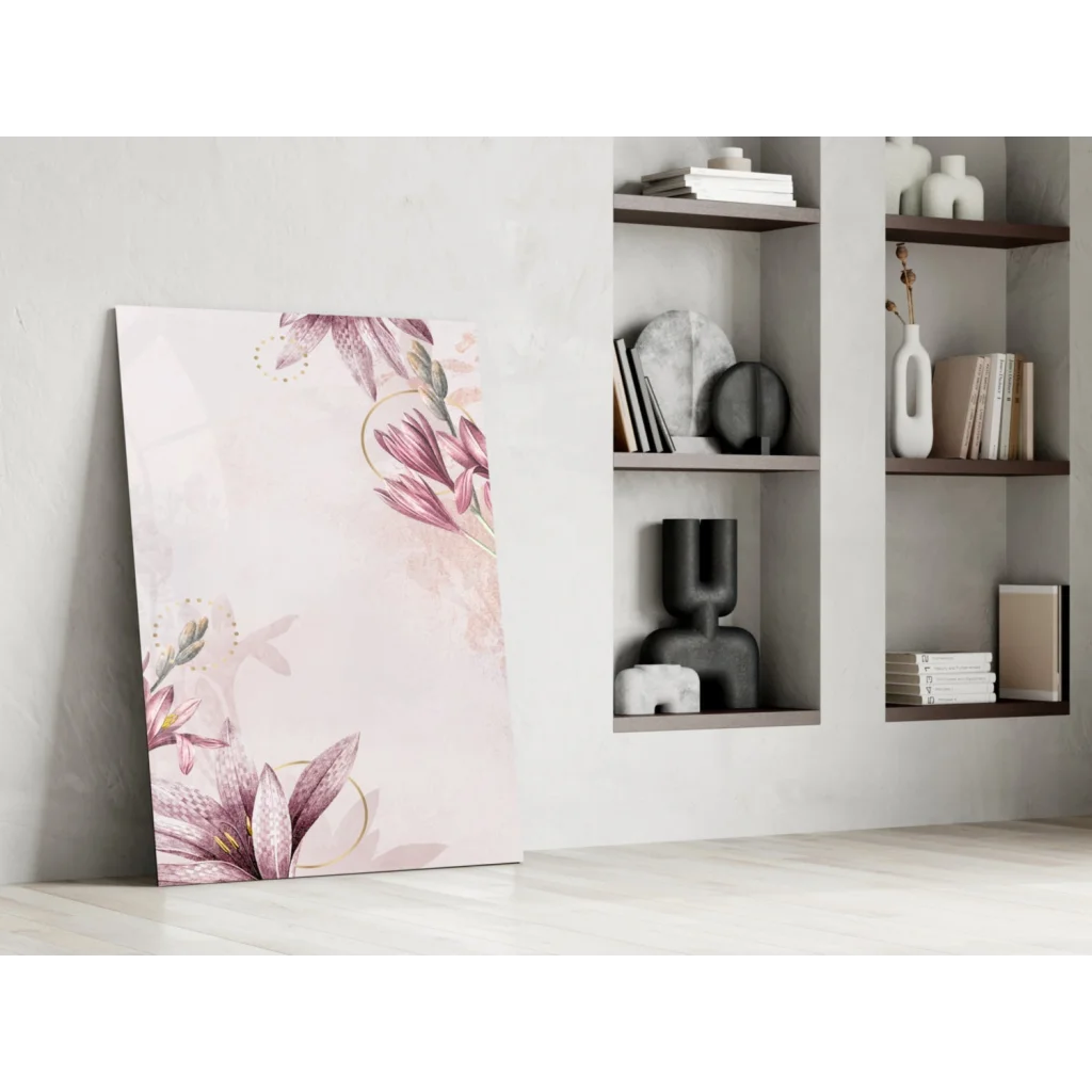 Stunning pink lily glass wall art with gold accents and floral details