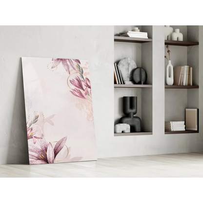 Stunning pink lily glass wall art with gold accents and floral details