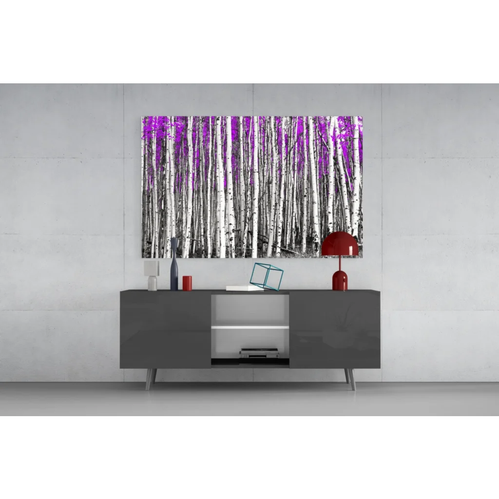 Stunning glass wall art of birch forest with purple foliage on canvas