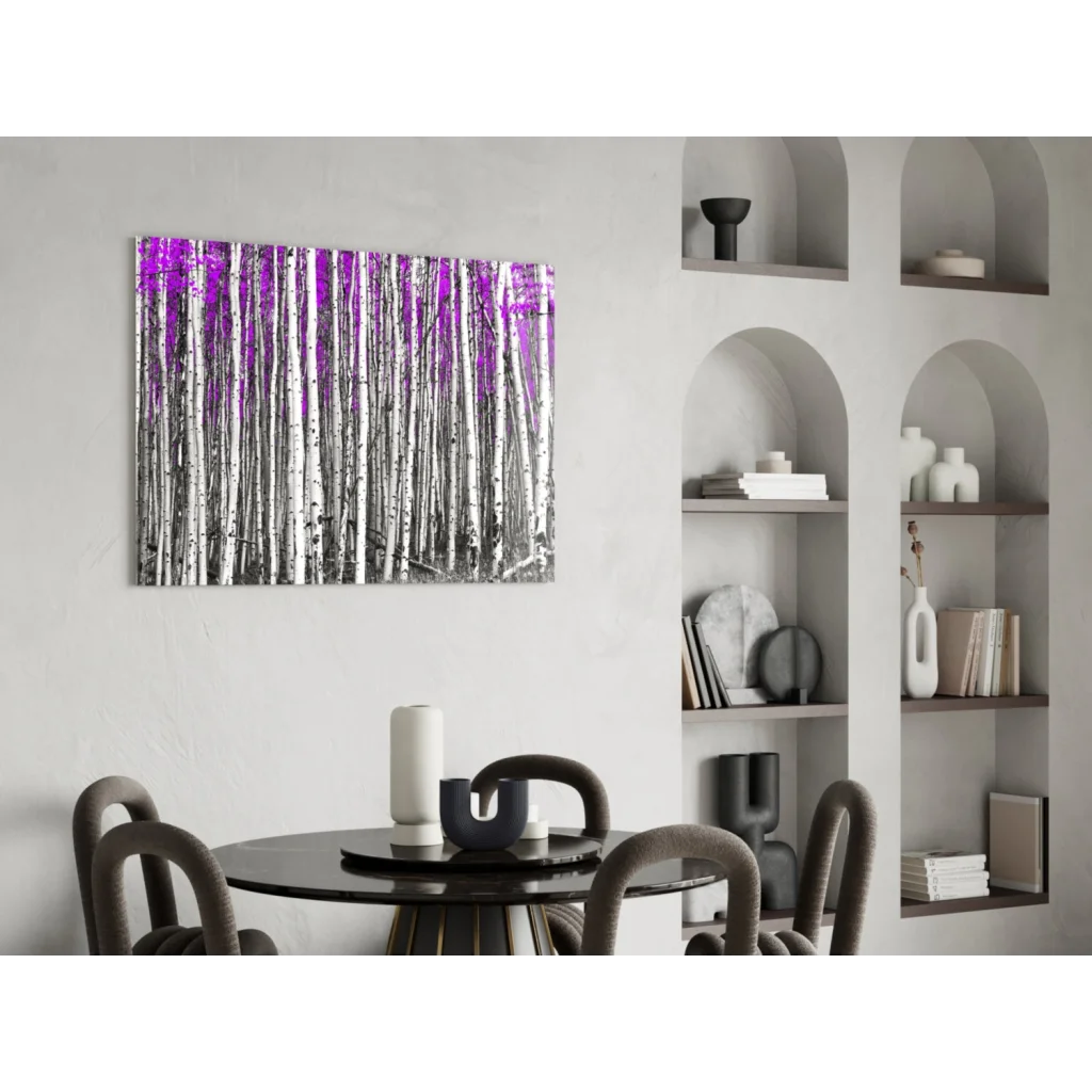 Modern glass wall art of birch forest with purple foliage
