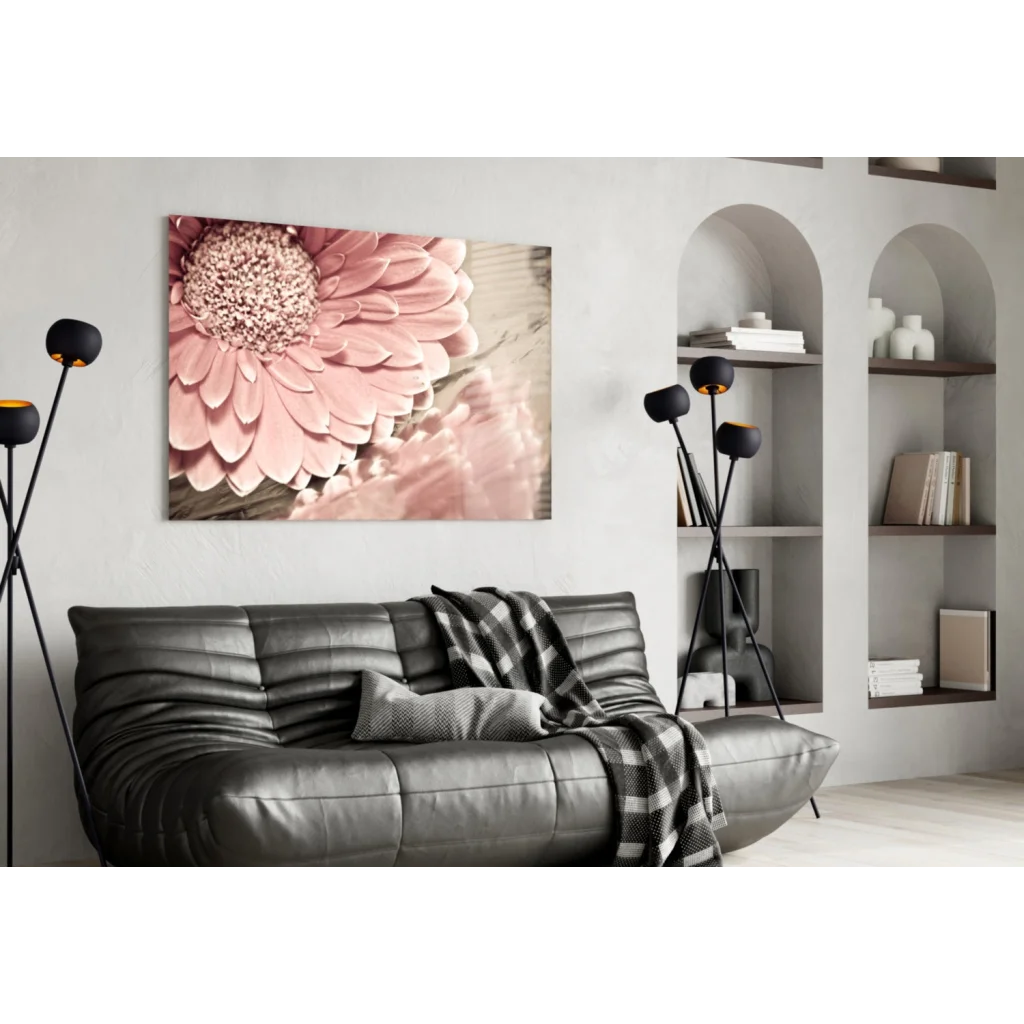 Pink gerbera daisy canvas wall art with textured petals and black white accents