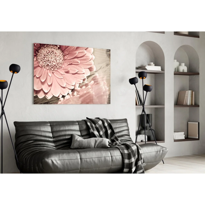 Pink gerbera daisy canvas wall art with textured petals and black white accents