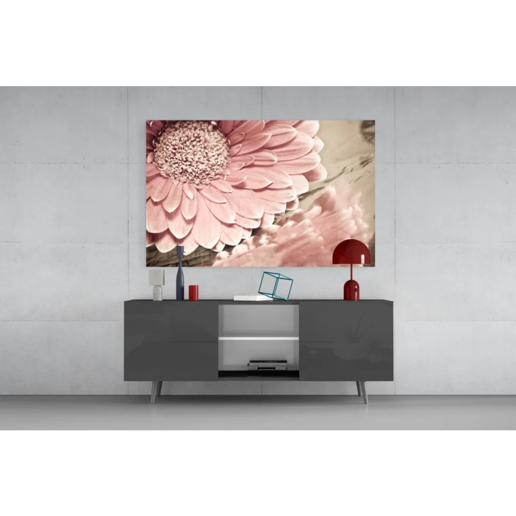 Modern gray sideboard with sleek silver legs and red accents wall art