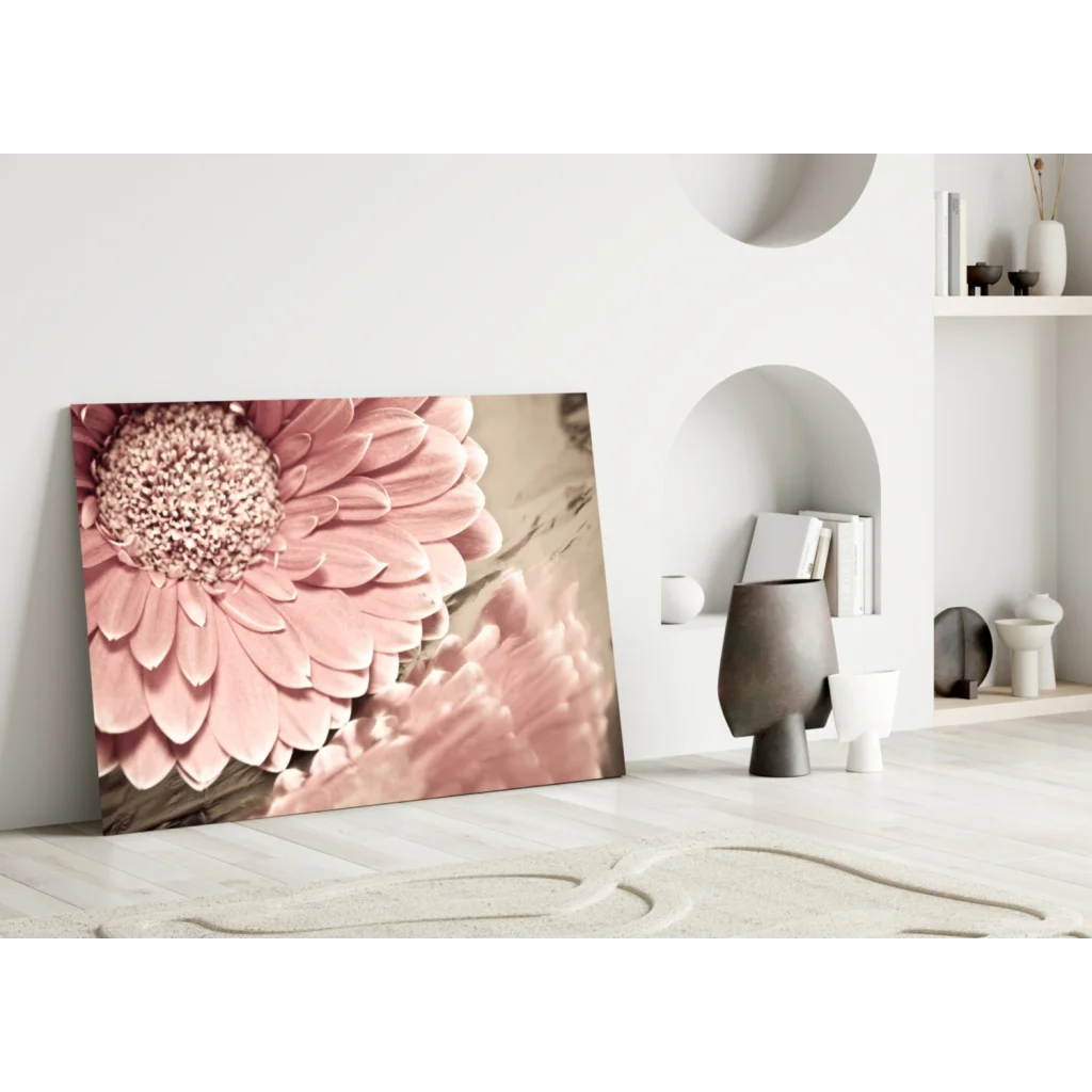 Pink gerbera daisy canvas wall art with textured petals and white center