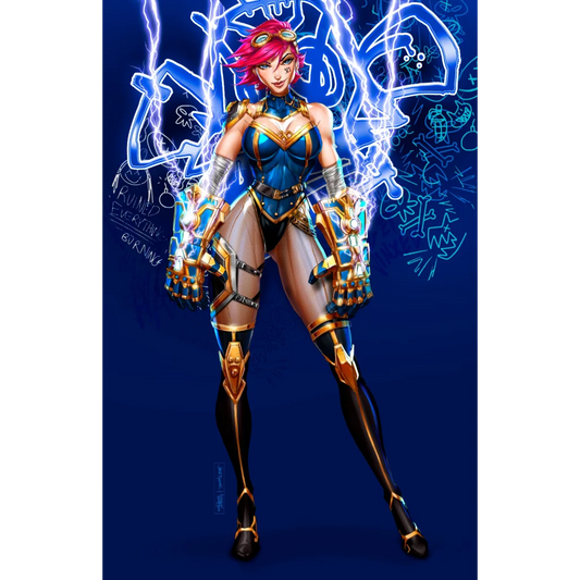 Pink haired superhero in blue gold armor on brushed aluminum print