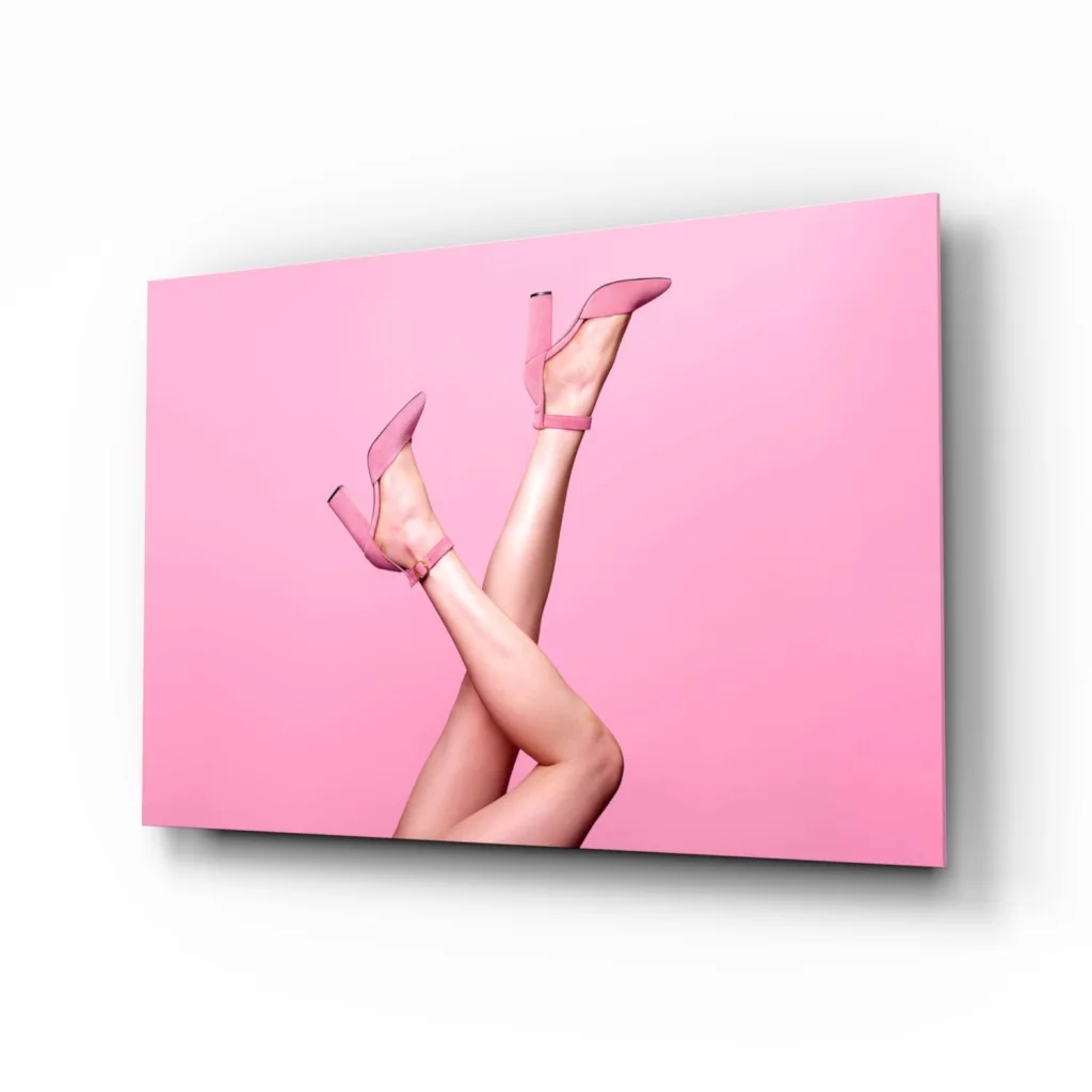Pink suede high-heeled shoes wall art print for modern spaces