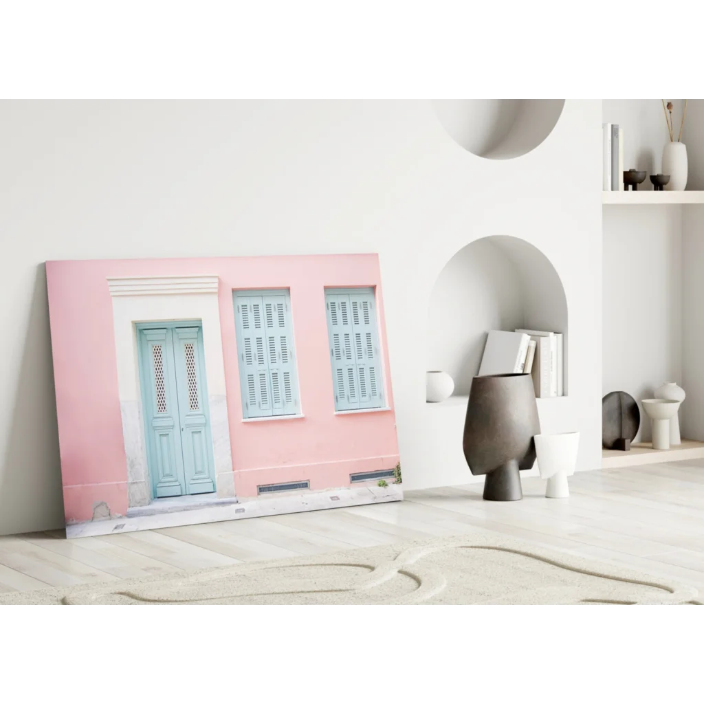 Pastel blue door and shutters pink wall art canvas print