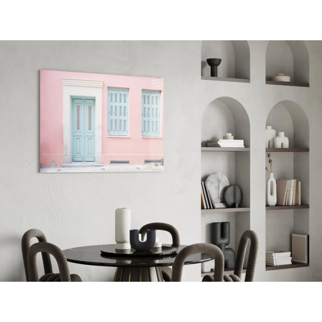 Pink building with blue doors pastel wall art canvas print