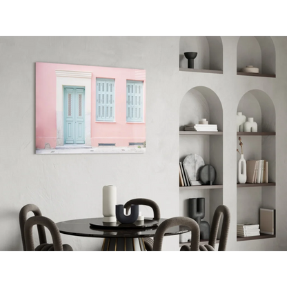Pink building with blue doors pastel wall art canvas print
