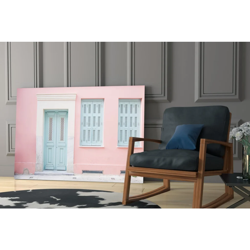 Pastel pink house with blue shutters wall art canvas print