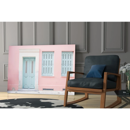 Pastel pink house with blue shutters wall art canvas print