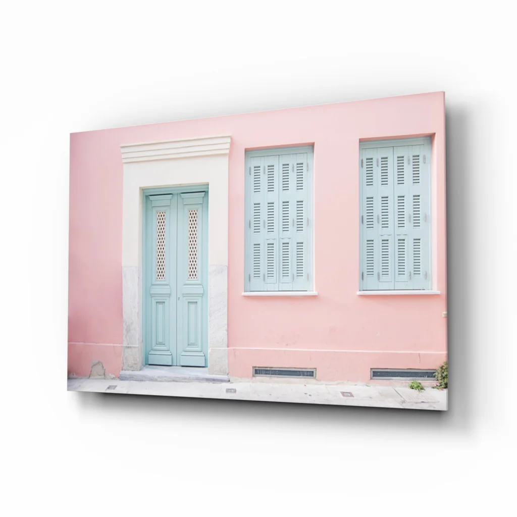 Pink wall art canvas print with pastel blue door and shutters