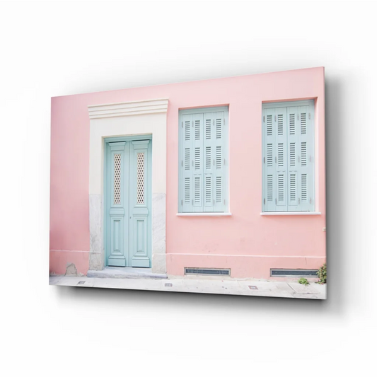 Pink wall art canvas print with pastel blue door and shutters