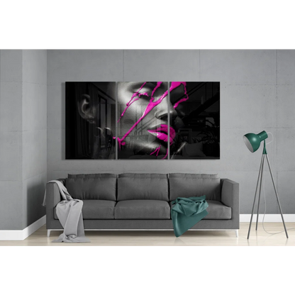 Bold pink splash glass wall art triptych portrait of womans face