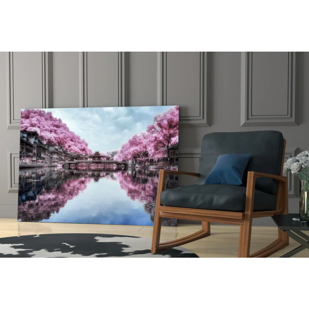 Serene canal with pink cherry blossoms on stunning glass wall art