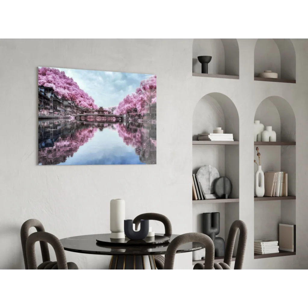 Serene cherry blossom canal glass wall art print