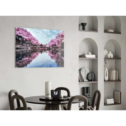 Serene cherry blossom canal glass wall art print