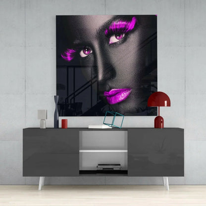 Bold magenta lips black-and-white glass wall art portrait canvas