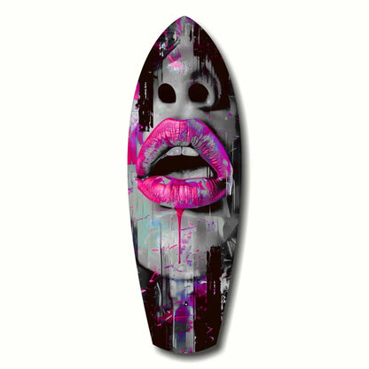 Pink lips surfboard on tempered glass art with cityscape background