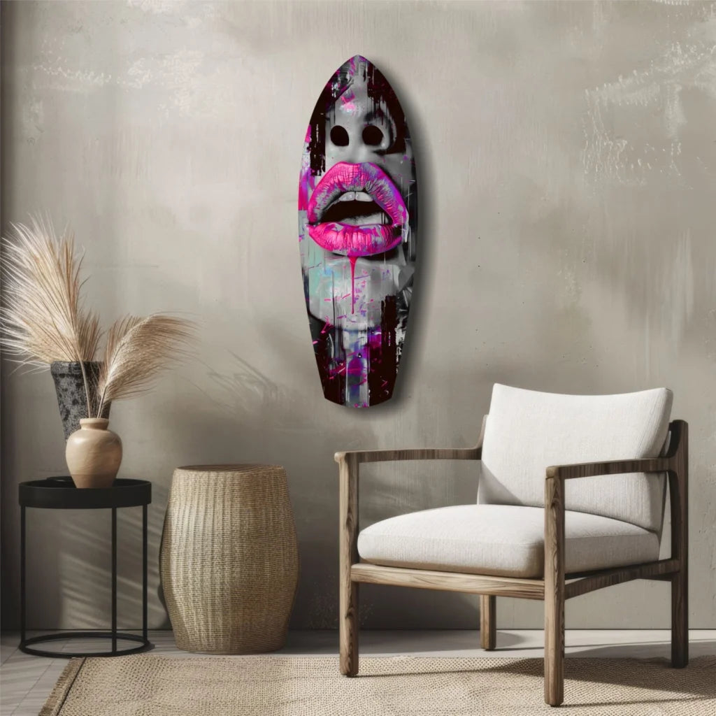 Vibrant pink lips tempered glass art with surfboard design in wooden frame