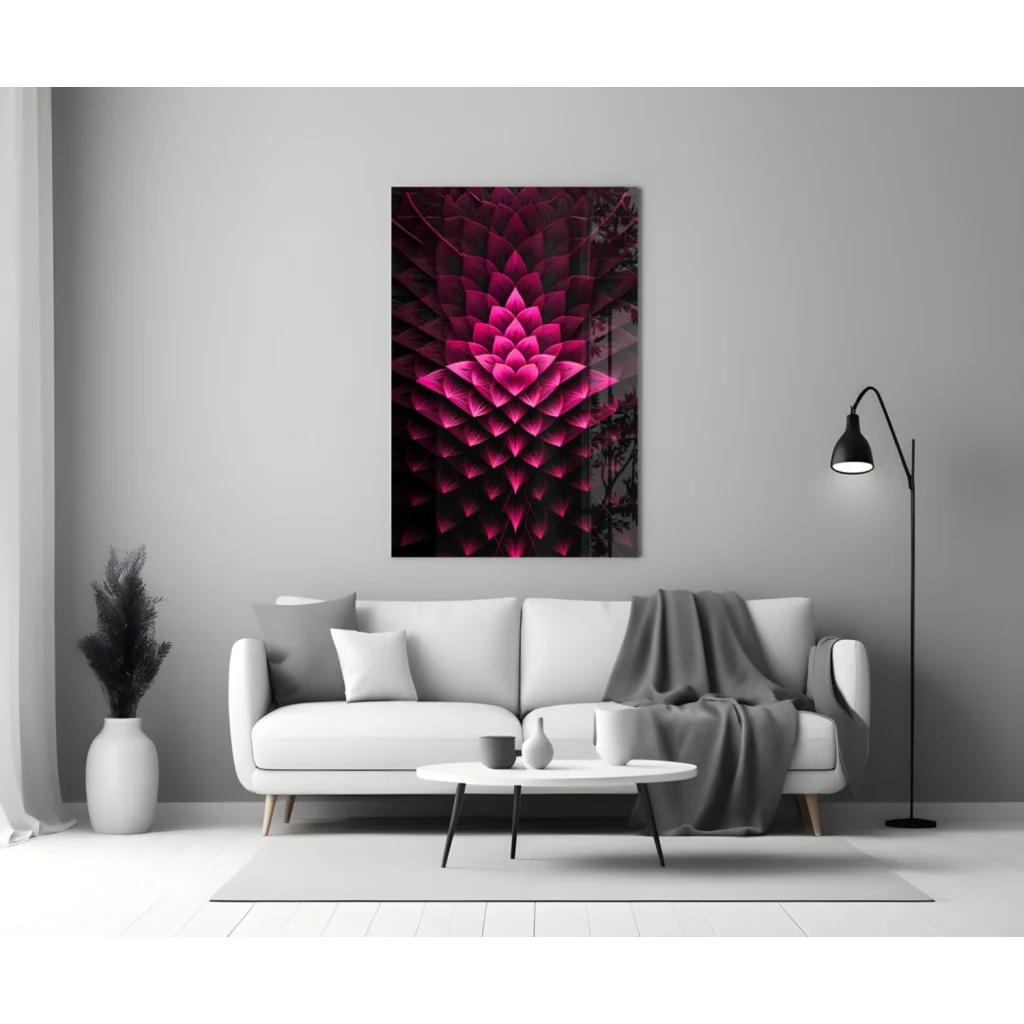 Modern white sofa with gray throw under Pink Lotus wall art print