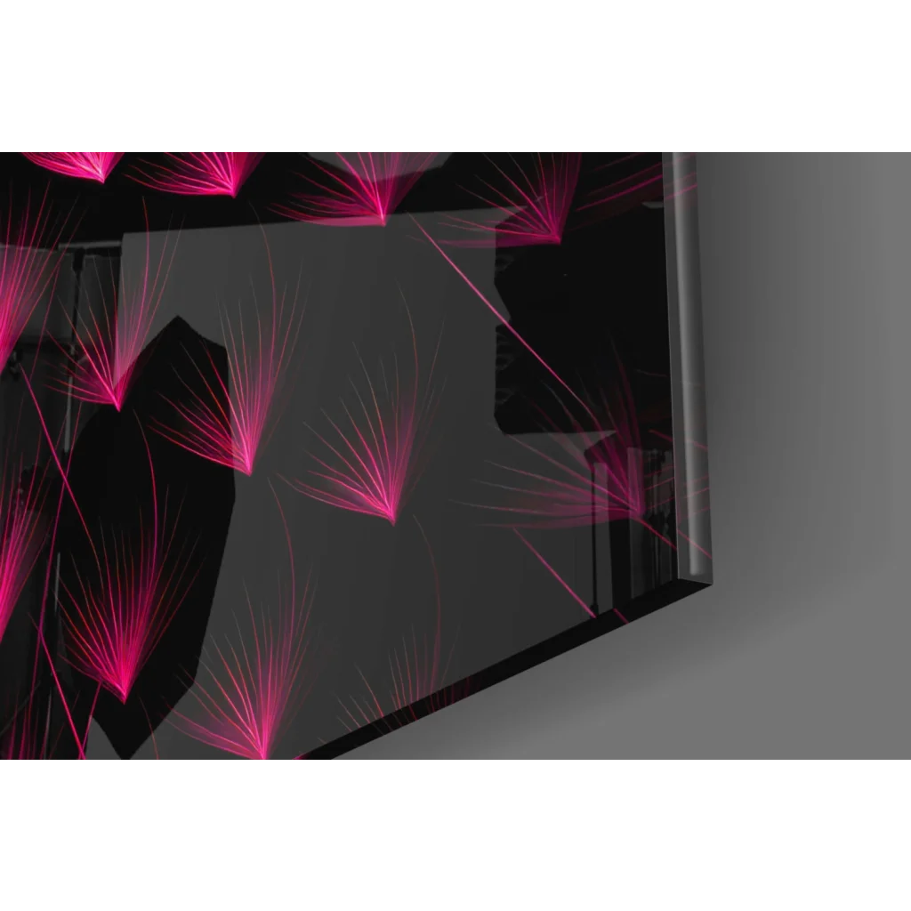 Black glass wall art with pink dandelion seeds design