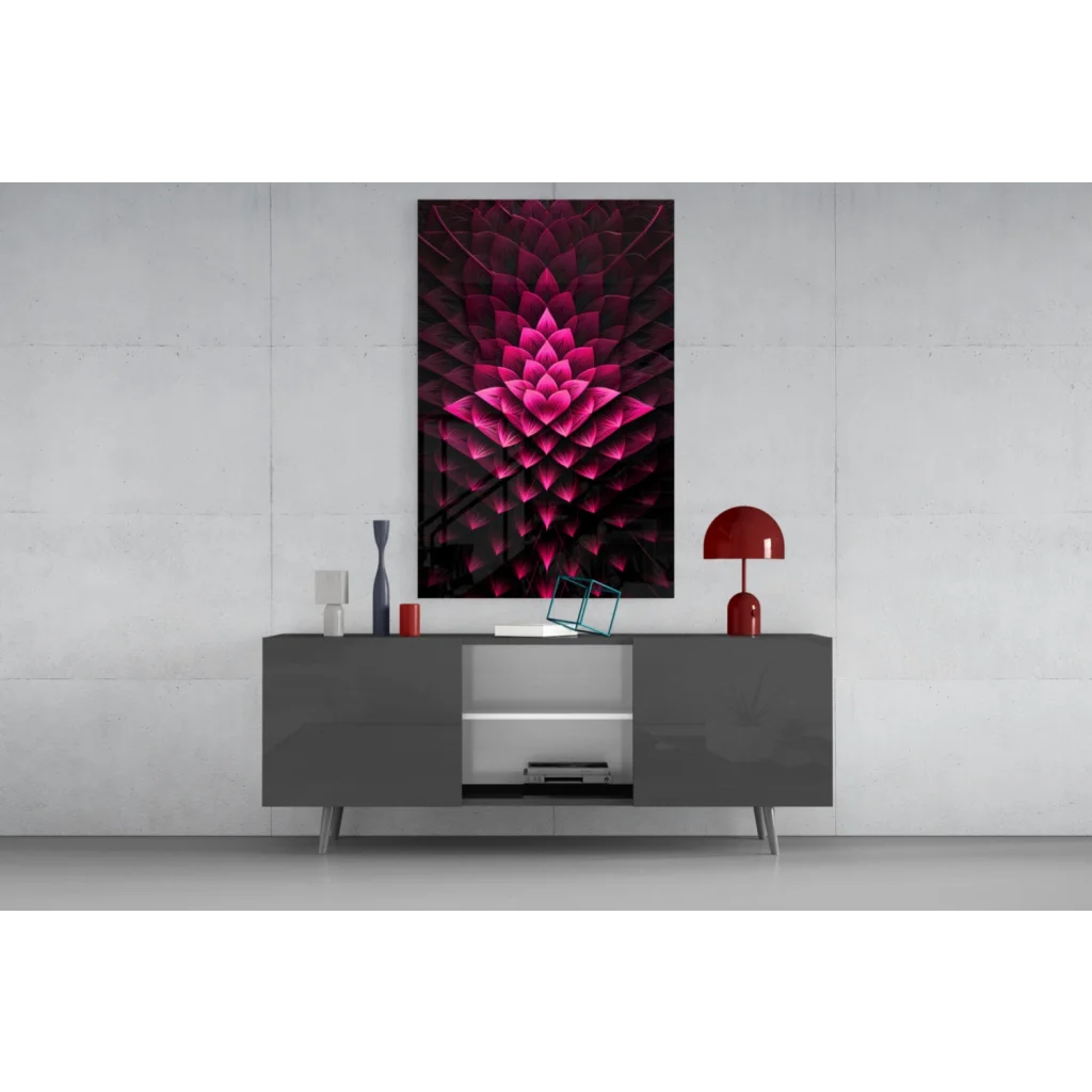 Modern black sideboard with white drawers and red accents in Pink Lotus Flower wall art print