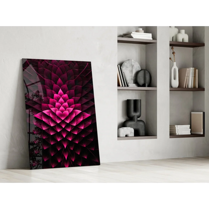 Magenta lotus flower wall art print with geometric petals on dark background