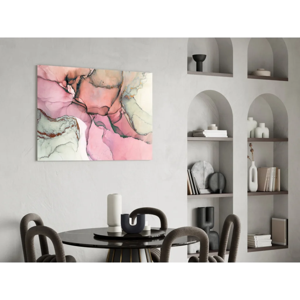 Dreamy pink swirl glass wall art canvas with abstract pink beige white fluid design