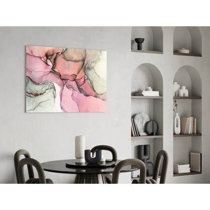 Dreamy pink swirl glass wall art canvas with abstract pink beige white fluid design