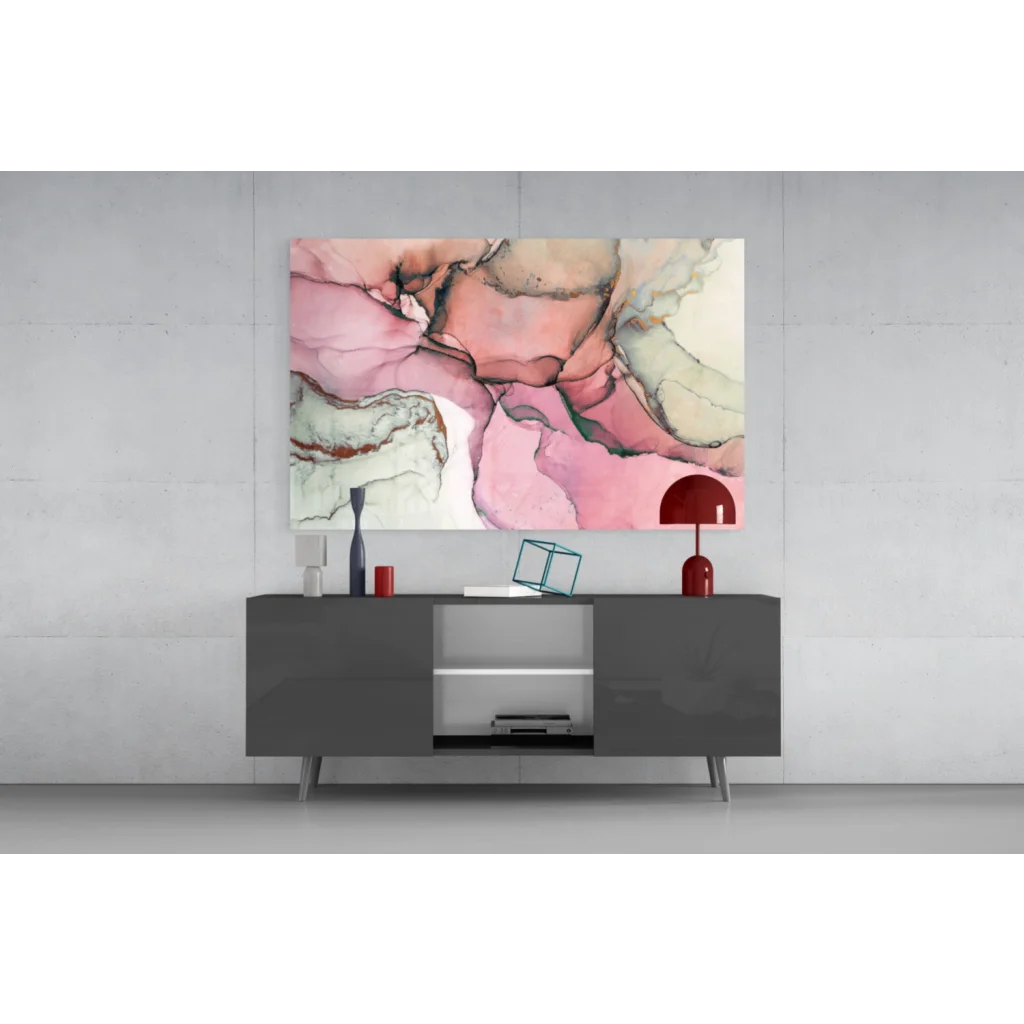 Dreamy Pink Swirl glass wall art canvas with swirling pink, beige, mint hues