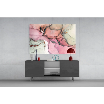 Dreamy Pink Swirl glass wall art canvas with swirling pink, beige, mint hues