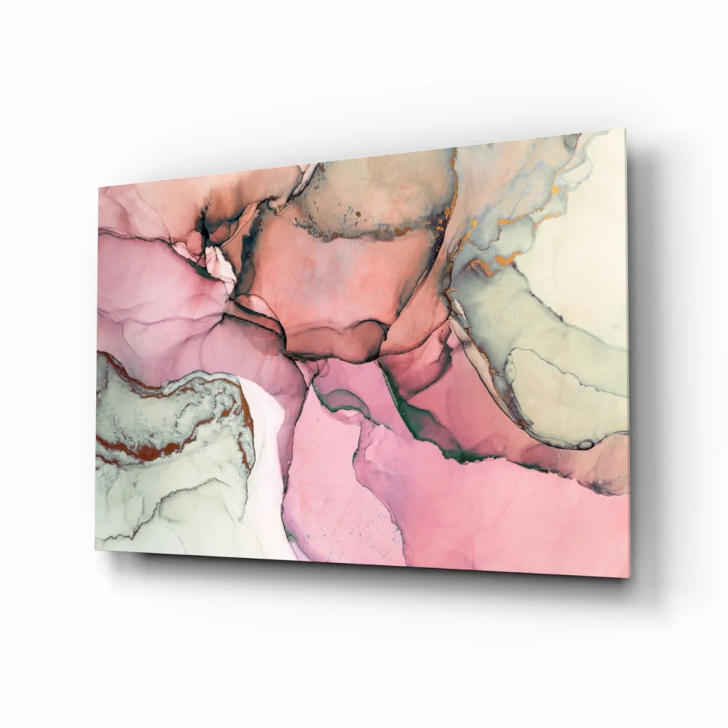 Dreamy Pink Swirl glass wall art canvas with pink, mauve, green swirls