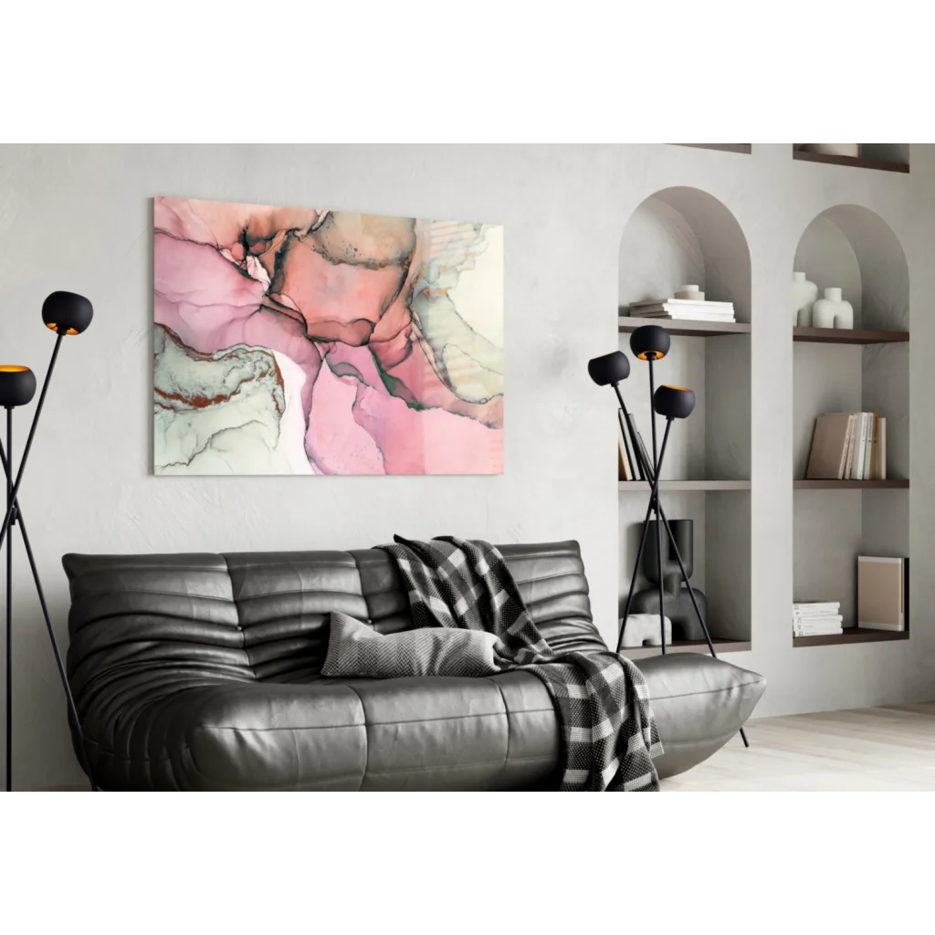 Dreamy pink swirl glass wall art canvas with fluid marbled textures