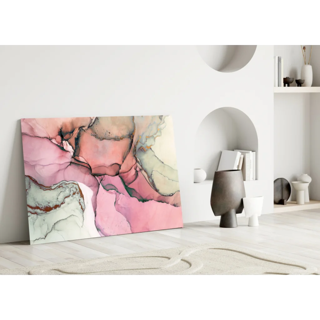 Dreamy pink swirl glass wall art canvas with abstract fluid swirls