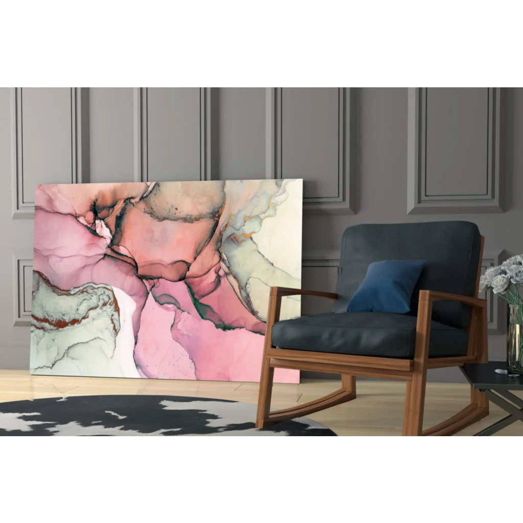 Dreamy pink swirl glass wall art canvas with flowing pink, white, gray marbled patterns