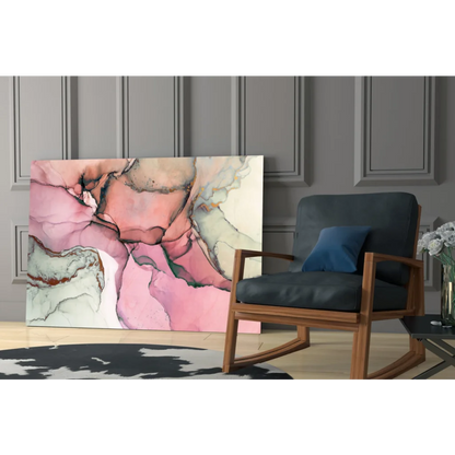 Dreamy pink swirl glass wall art canvas with flowing pink, white, gray marbled patterns