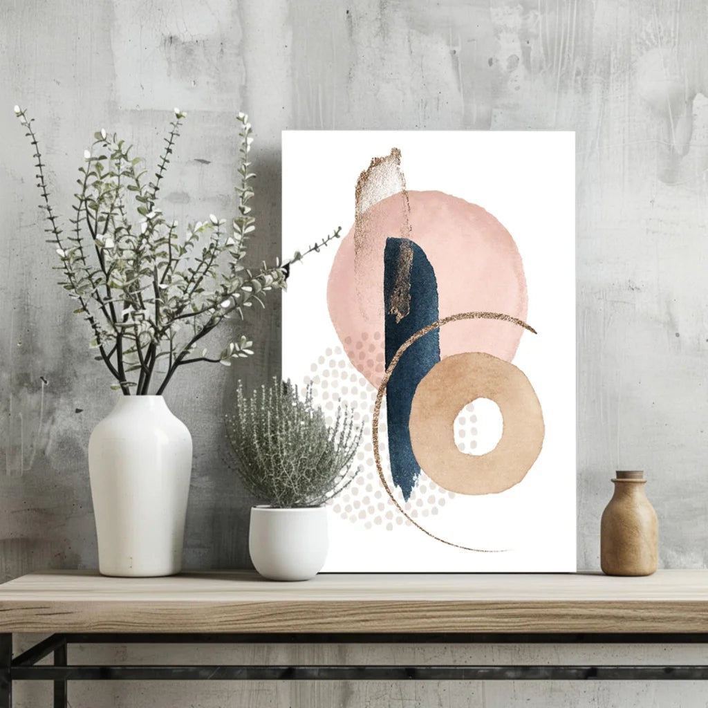 Pink navy gold abstract art print on aluminum with textured brushstrokes