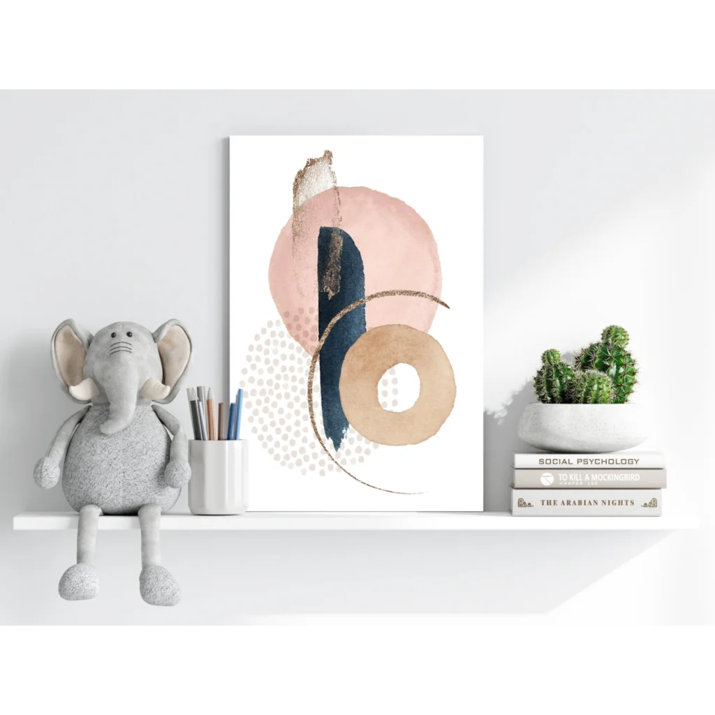 Pink navy gold abstract aluminum art print with geometric shapes