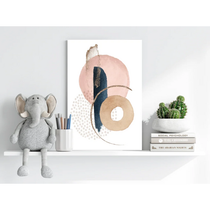 Pink navy gold abstract aluminum art print with geometric shapes