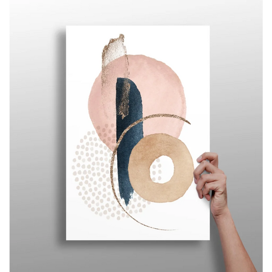 Modern pink navy gold abstract aluminum art print with beige circle