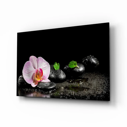 Pink orchid zen garden canvas wall art with black stones and mint leaves